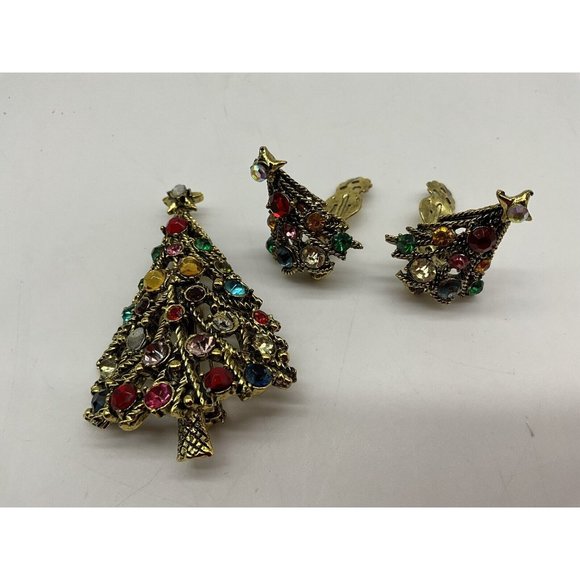 Hollycraft Vintage Christmas Tree Pin w/Matching Clip Earrings MCM Collectible - Picture 15 of 16